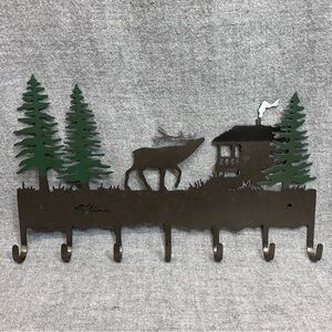 Elk Deer Woodland Metal Art Hanging Coat Hooks Hat Rack Key Holder Signed Cabin